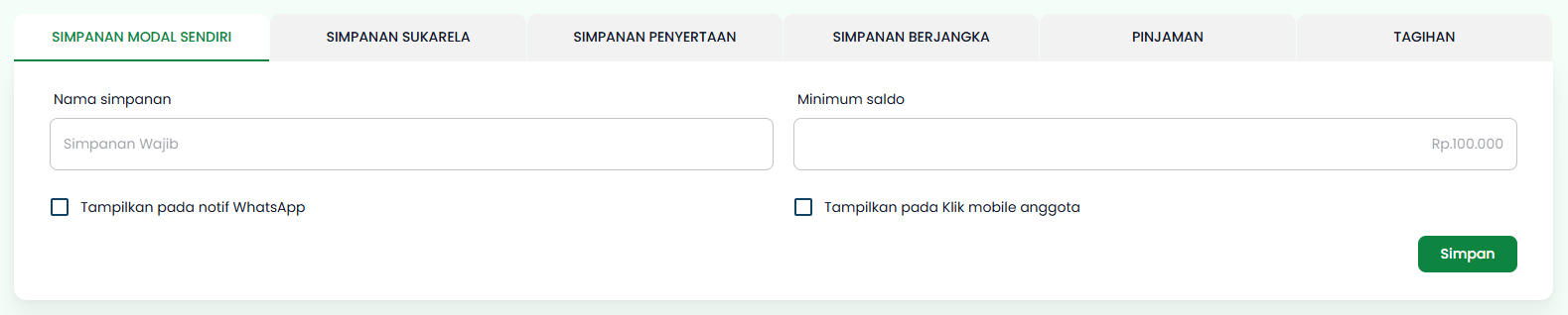 Halaman Tambah Produk Tab Simpanan Modal Sendiri