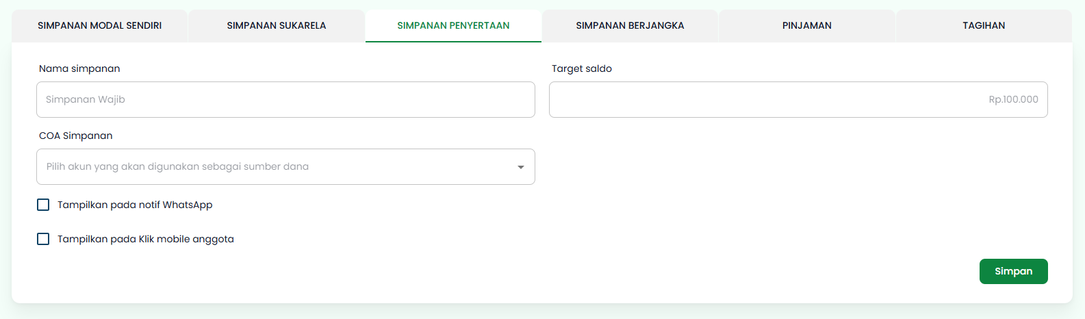 Halaman Tambah Produk Tab Simpanan Penyertaan