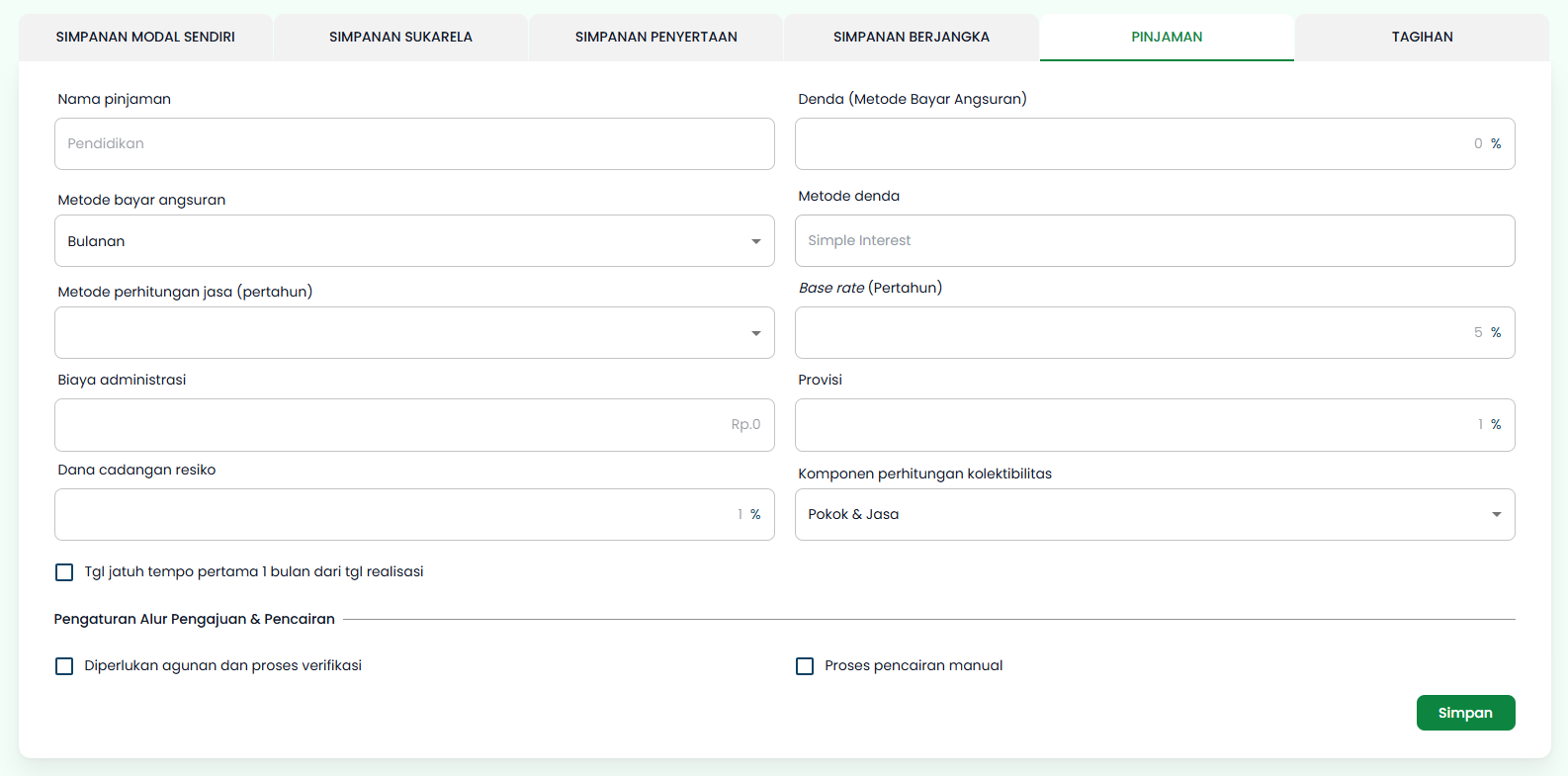 Halaman Tambah Produk Tab Pinjaman