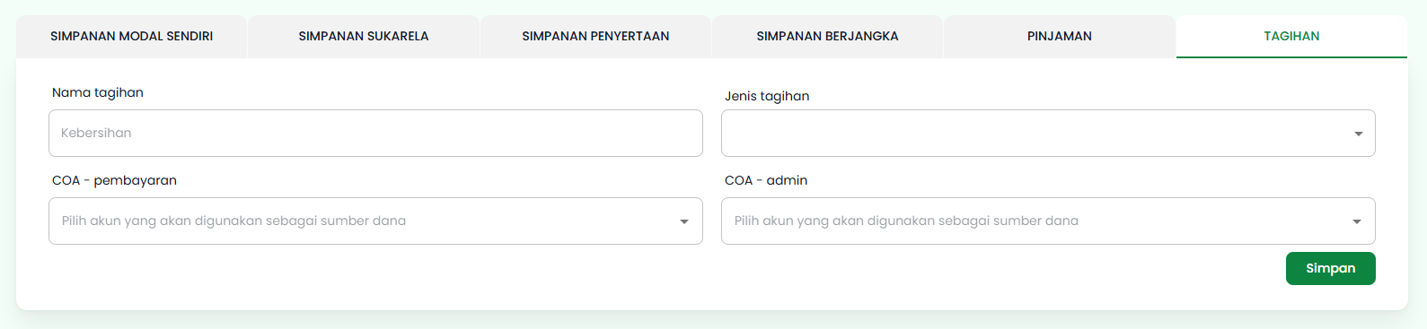 Halaman Tambah Produk Tab Tagihan