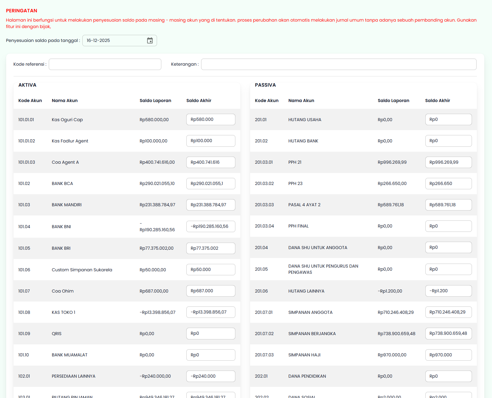 Halaman Penyesuaian Saldo