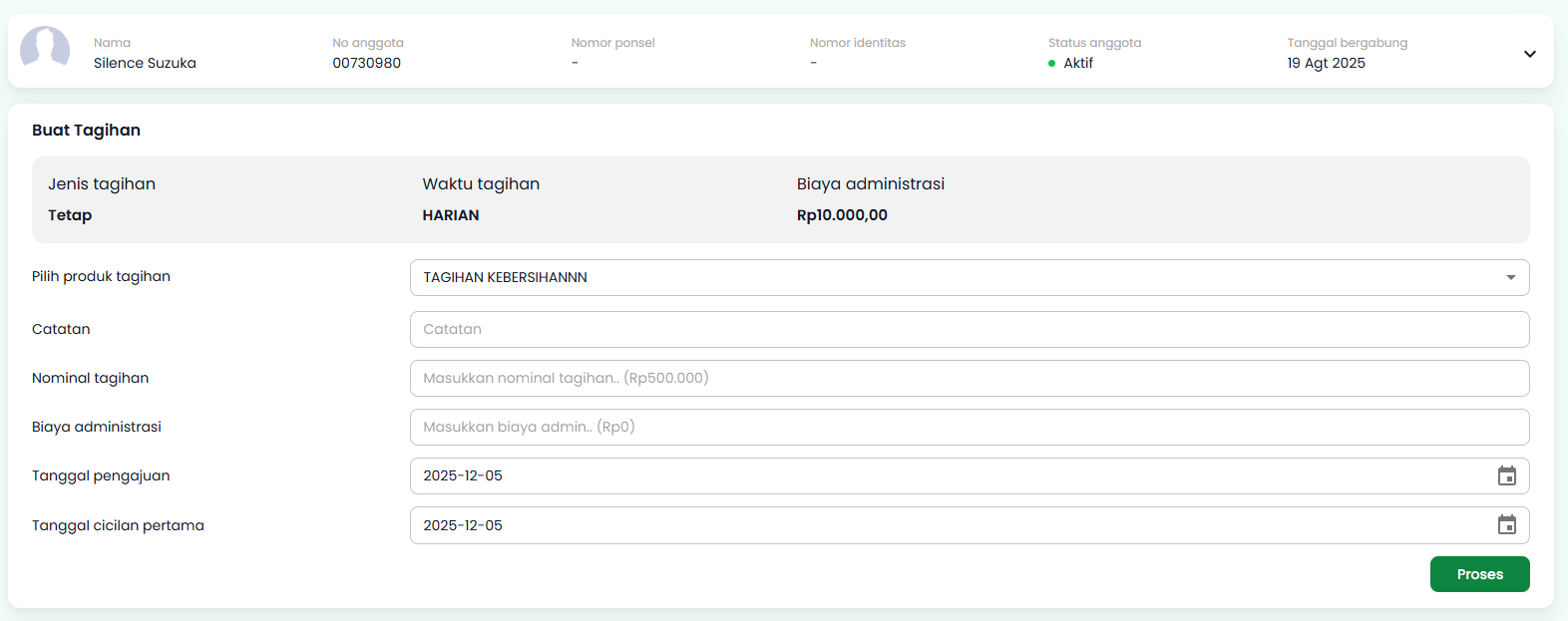Halaman Buat Tagihan Tagihan Tetap