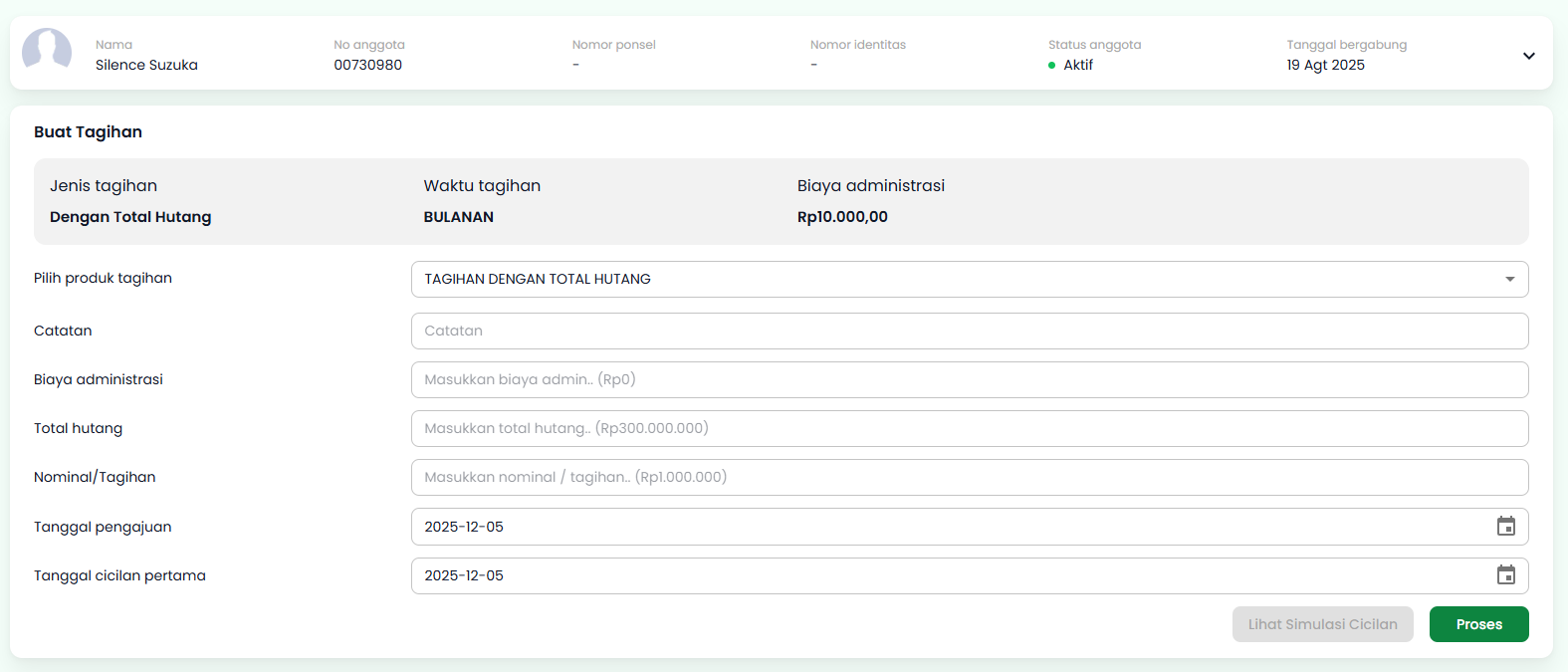 Halaman Buat Tagihan Tagihan Dengan Total Hutang