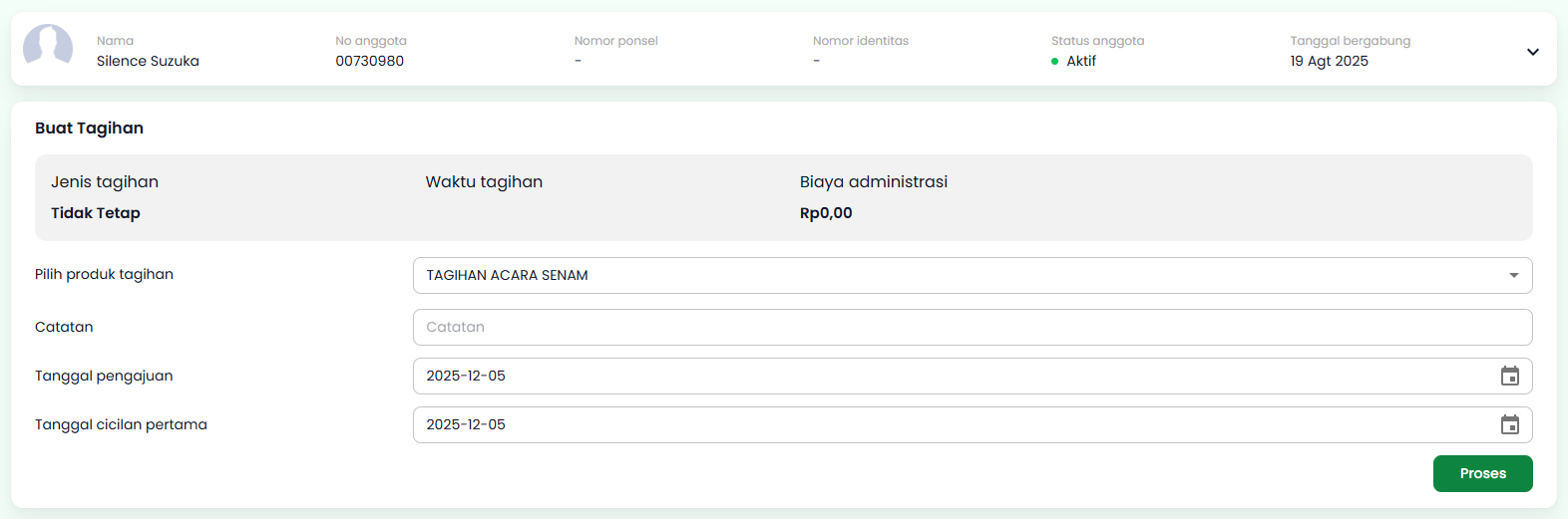 Halaman Buat Tagihan Tagihan Tidak Tetap