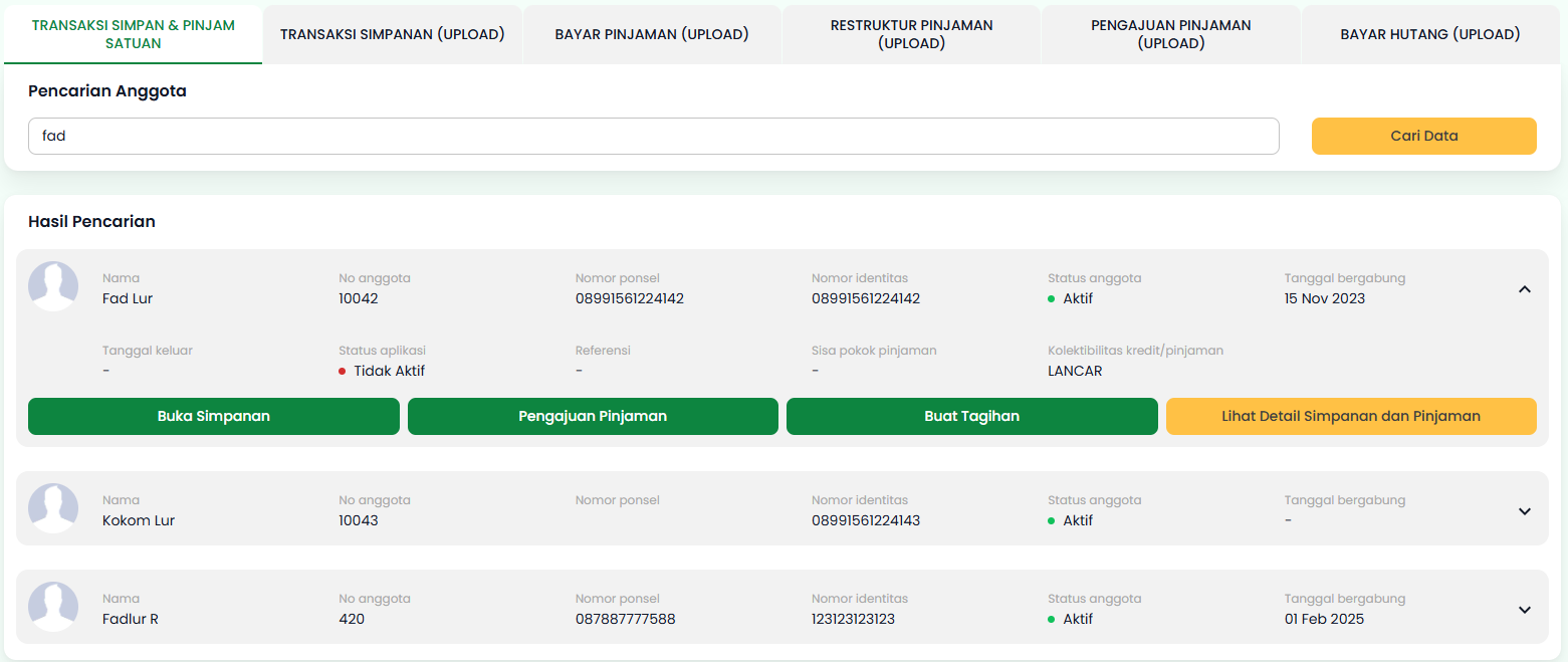 Halaman Transaksi Simpan &amp; Pinjam Satuan Hasil Pencarian