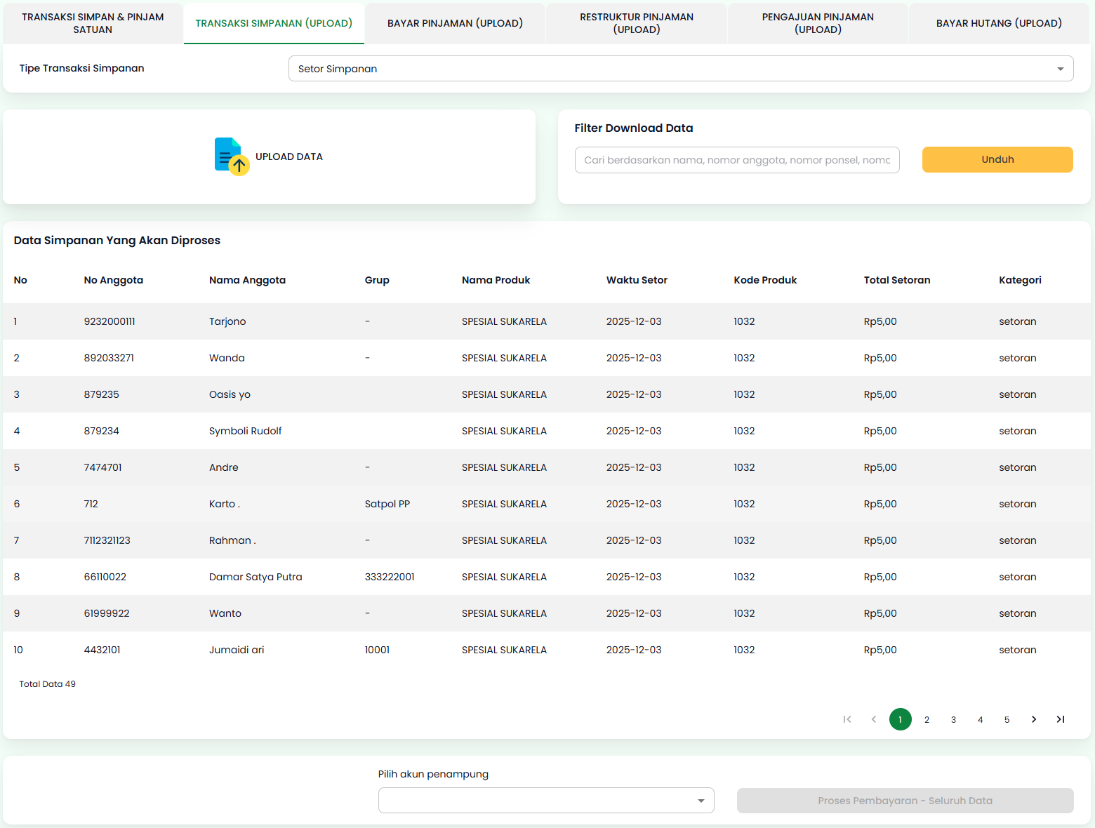 Tab Transaksi Simpanan (Upload) Setelah