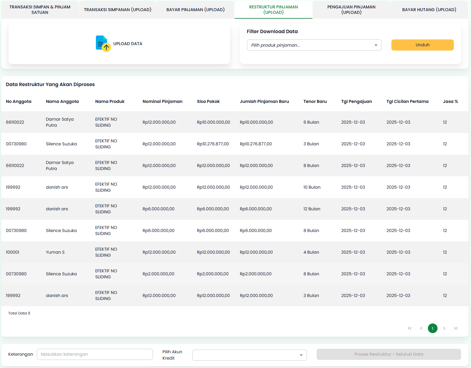 Tab Restruktur Pinjaman (Upload) Setelah